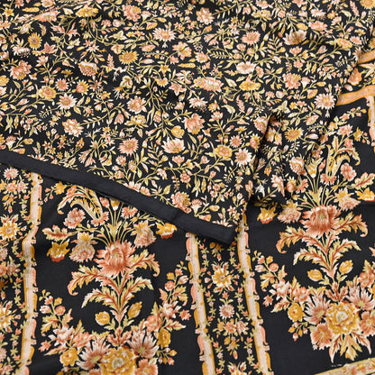Vintage Sari Black Pure Silk Printed Saree Craft Fabric 6yard Sewing Floral Soft Dress Designing for Crafting Upcycle Quilting