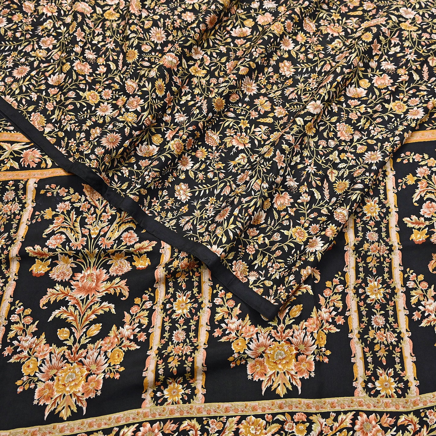 Vintage Sari Black Pure Silk Printed Saree Craft Fabric 6yard Sewing Floral Soft Dress Designing for Crafting Upcycle Quilting