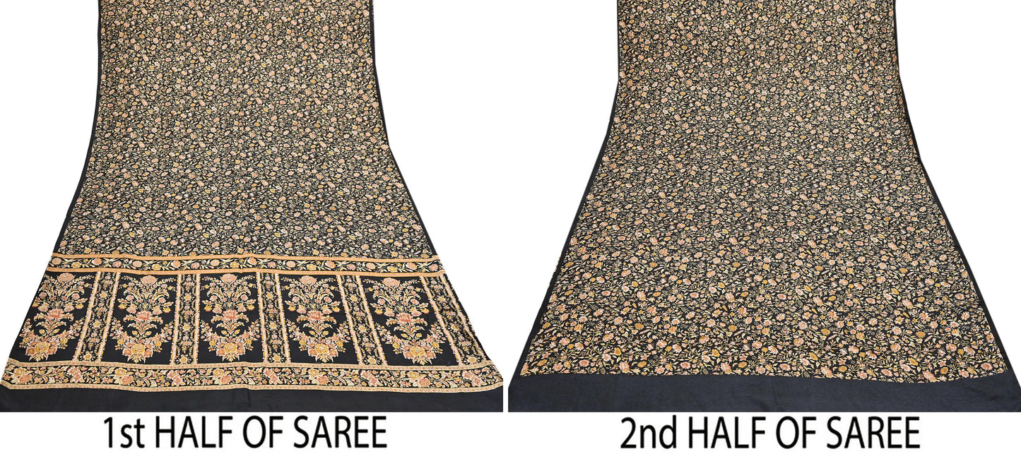 Vintage Sari Black Pure Silk Printed Saree Craft Fabric 6yard Sewing Floral Soft Dress Designing for Crafting Upcycle Quilting