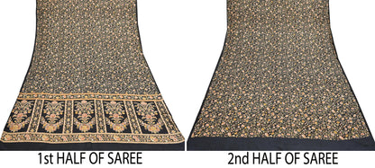 Vintage Sari Black Pure Silk Printed Saree Craft Fabric 6yard Sewing Floral Soft Dress Designing for Crafting Upcycle Quilting