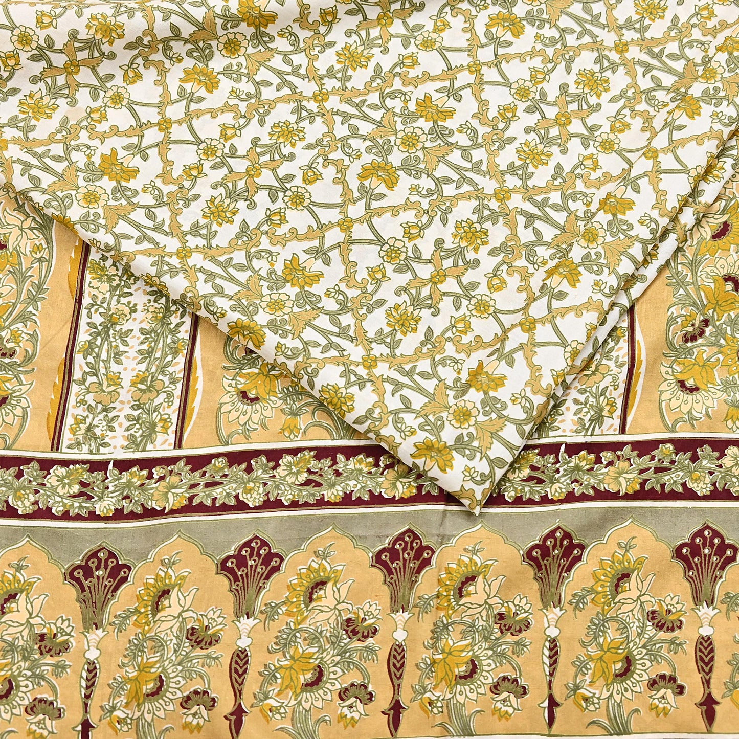 Indian Vintage white Pure Silk Saree Printed Floral Silk Fabric 6Yard Soft Sewing Material for Dressmaking, Quilting Crafts