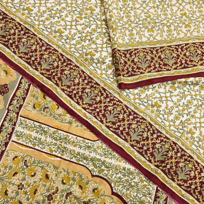 Indian Vintage white Pure Silk Saree Printed Floral Silk Fabric 6Yard Soft Sewing Material for Dressmaking, Quilting Crafts