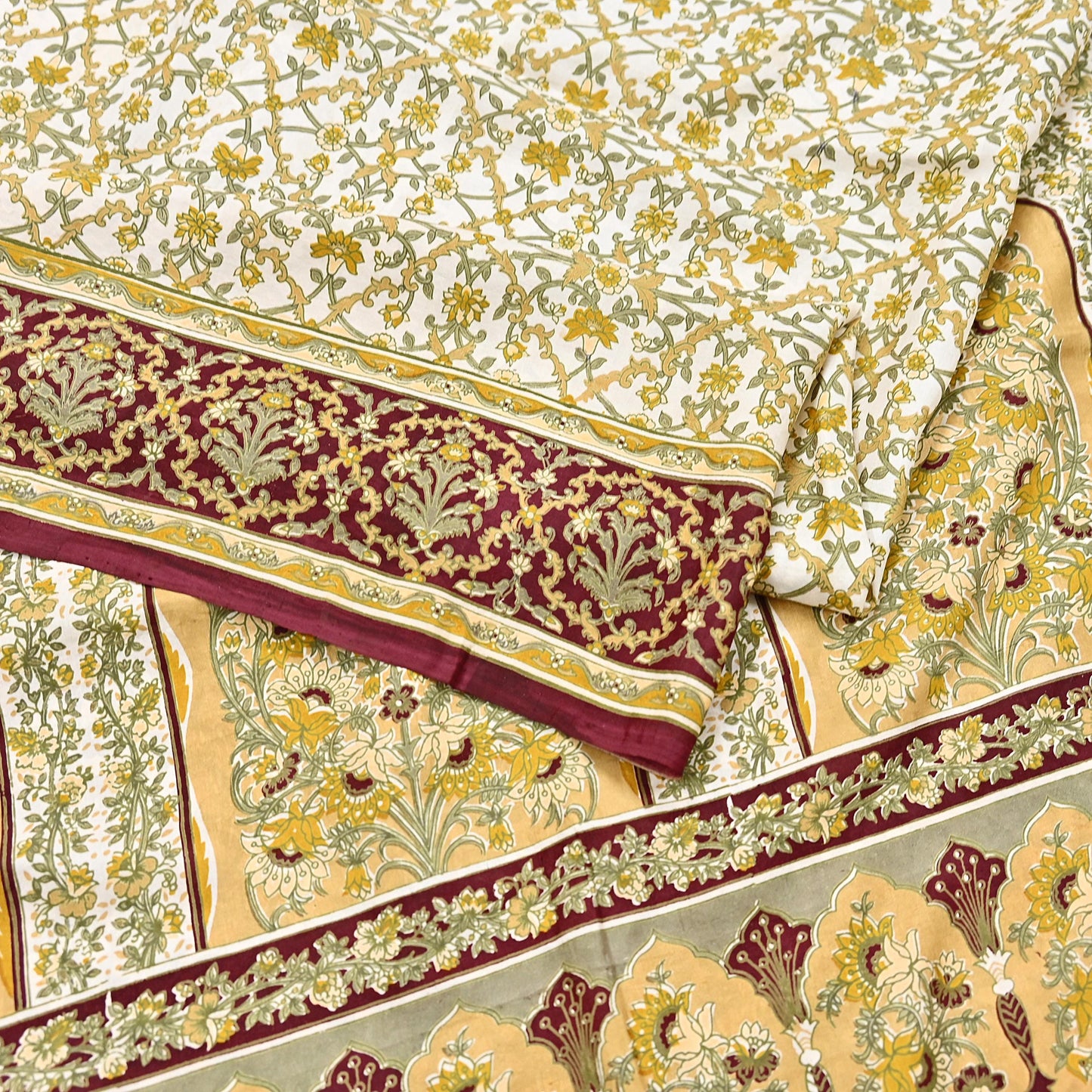 Indian Vintage white Pure Silk Saree Printed Floral Silk Fabric 6Yard Soft Sewing Material for Dressmaking, Quilting Crafts