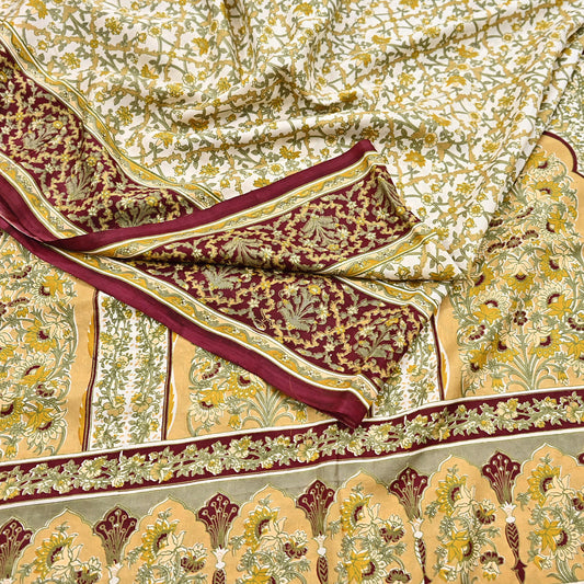 Indian Vintage white Pure Silk Saree Printed Floral Silk Fabric 6Yard Soft Sewing Material for Dressmaking, Quilting Crafts