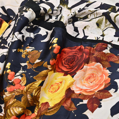 Indian Vintage Sari Black & Ivory Digital Printed 100% Pure Satin Silk Sarees 5yd Sewing Craft Fabric Dress Making Wrap Upcycle Quilting
