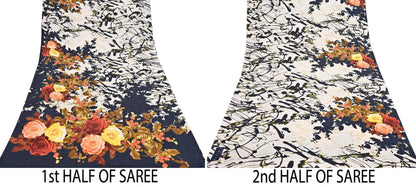 Indian Vintage Sari Black & Ivory Digital Printed 100% Pure Satin Silk Sarees 5yd Sewing Craft Fabric Dress Making Wrap Upcycle Quilting