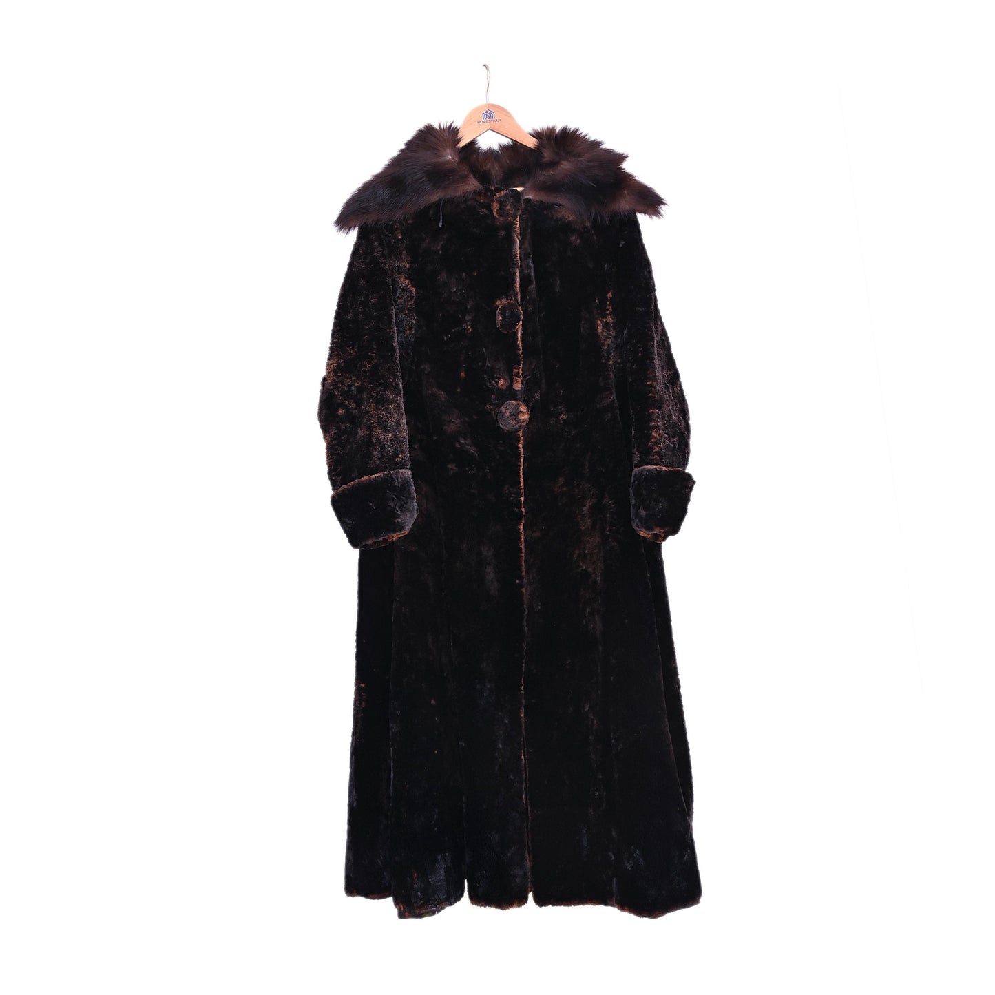 Vintage Dark Brown Full Length Faux Fur Coat Unisex Indian Pre-Owned Luxury Winter Overcoat Pure Woolen Long Fur Jacket