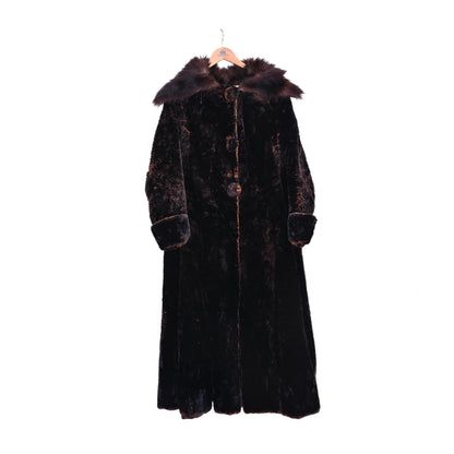 Vintage Dark Brown Full Length Faux Fur Coat Unisex Indian Pre-Owned Luxury Winter Overcoat Pure Woolen Long Fur Jacket