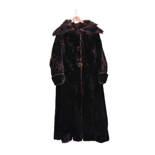 Vintage Dark Brown Full Length Faux Fur Coat Unisex Indian Pre-Owned Luxury Winter Overcoat Pure Woolen Long Fur Jacket