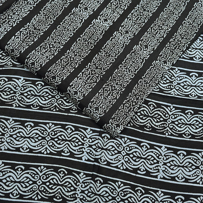 Indian Vintage Black Pure Silk Saree Printed Floral & Striped Design 5Yards Soft Craft Fabric for Dressmaking, Quilting,  Upcycling