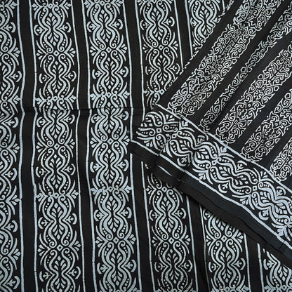 Indian Vintage Black Pure Silk Saree Printed Floral & Striped Design 5Yards Soft Craft Fabric for Dressmaking, Quilting,  Upcycling
