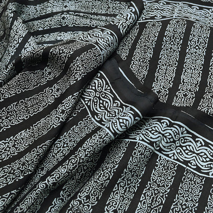 Indian Vintage Black Pure Silk Saree Printed Floral & Striped Design 5Yards Soft Craft Fabric for Dressmaking, Quilting,  Upcycling