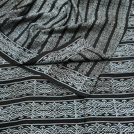 Indian Vintage Black Pure Silk Saree Printed Floral & Striped Design 5Yards Soft Craft Fabric for Dressmaking, Quilting,  Upcycling