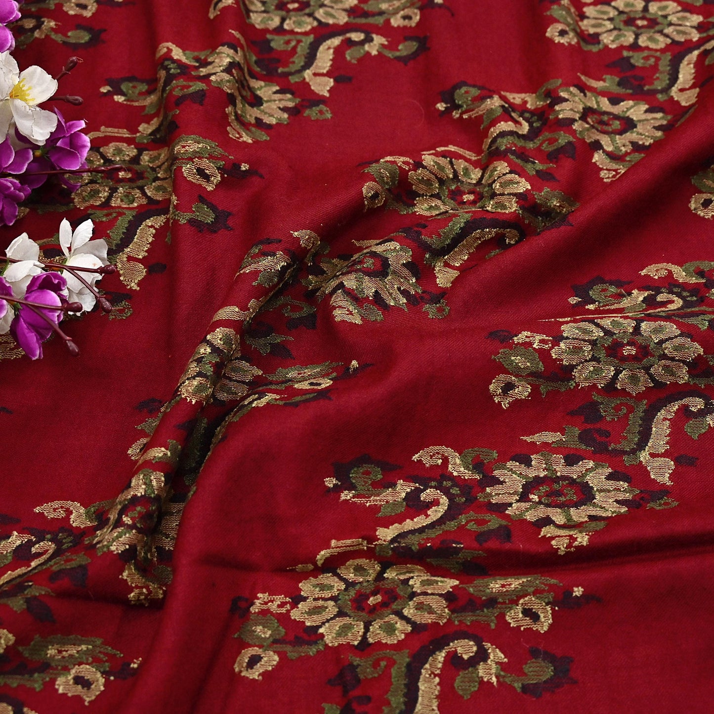 Indian Vintage Dark Red Pure Woolen Shawl Handmade Woven Jamawar Work Long Throw Stole Warm Floral Design Soft