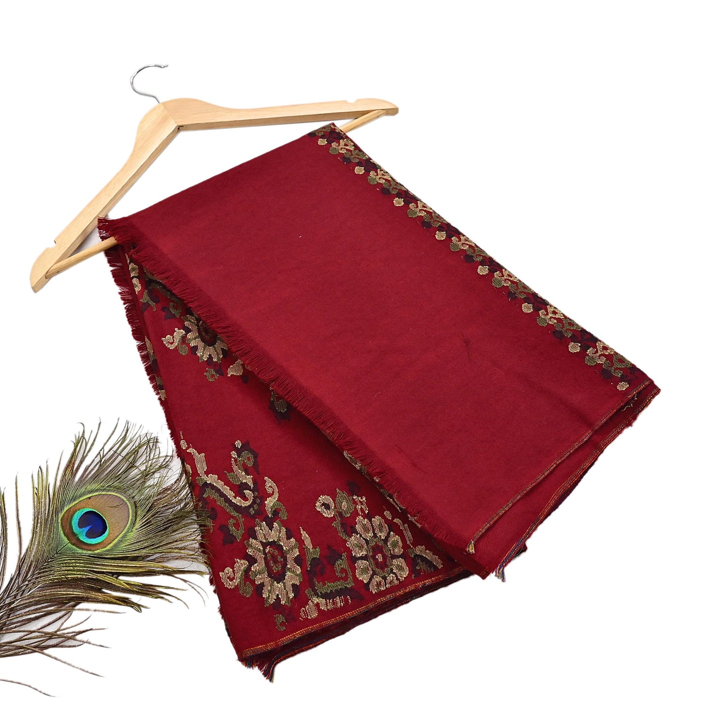 Indian Vintage Dark Red Pure Woolen Shawl Handmade Woven Jamawar Work Long Throw Stole Warm Floral Design Soft