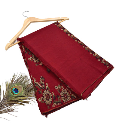 Indian Vintage Dark Red Pure Woolen Shawl Handmade Woven Jamawar Work Long Throw Stole Warm Floral Design Soft