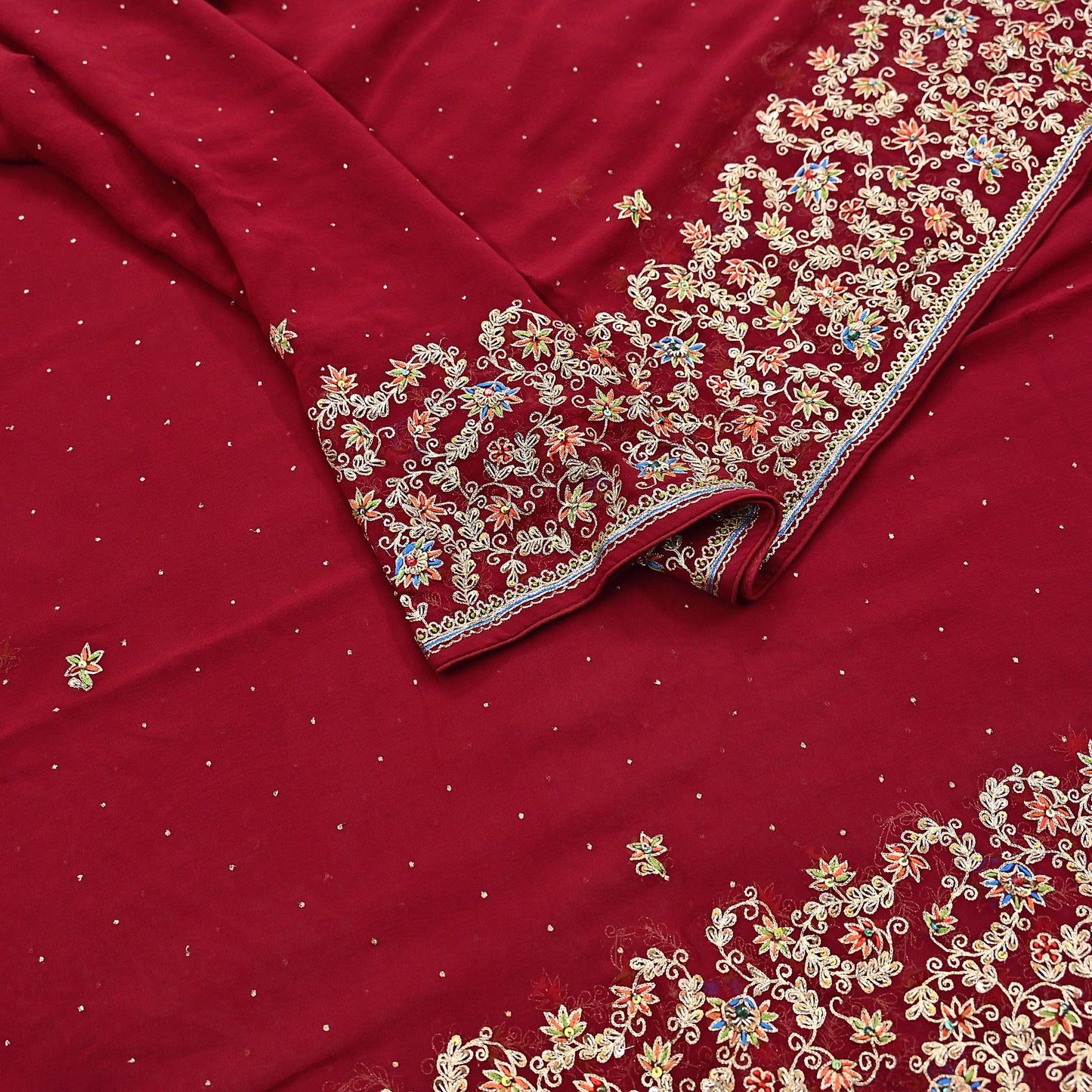 Indian Vintage Heavy Dark Red Dupatta Pure Georgette Silk Long Stole Hand Embroidered Designer By Ritu Kumar Scarves Scarf Zari Zardozi