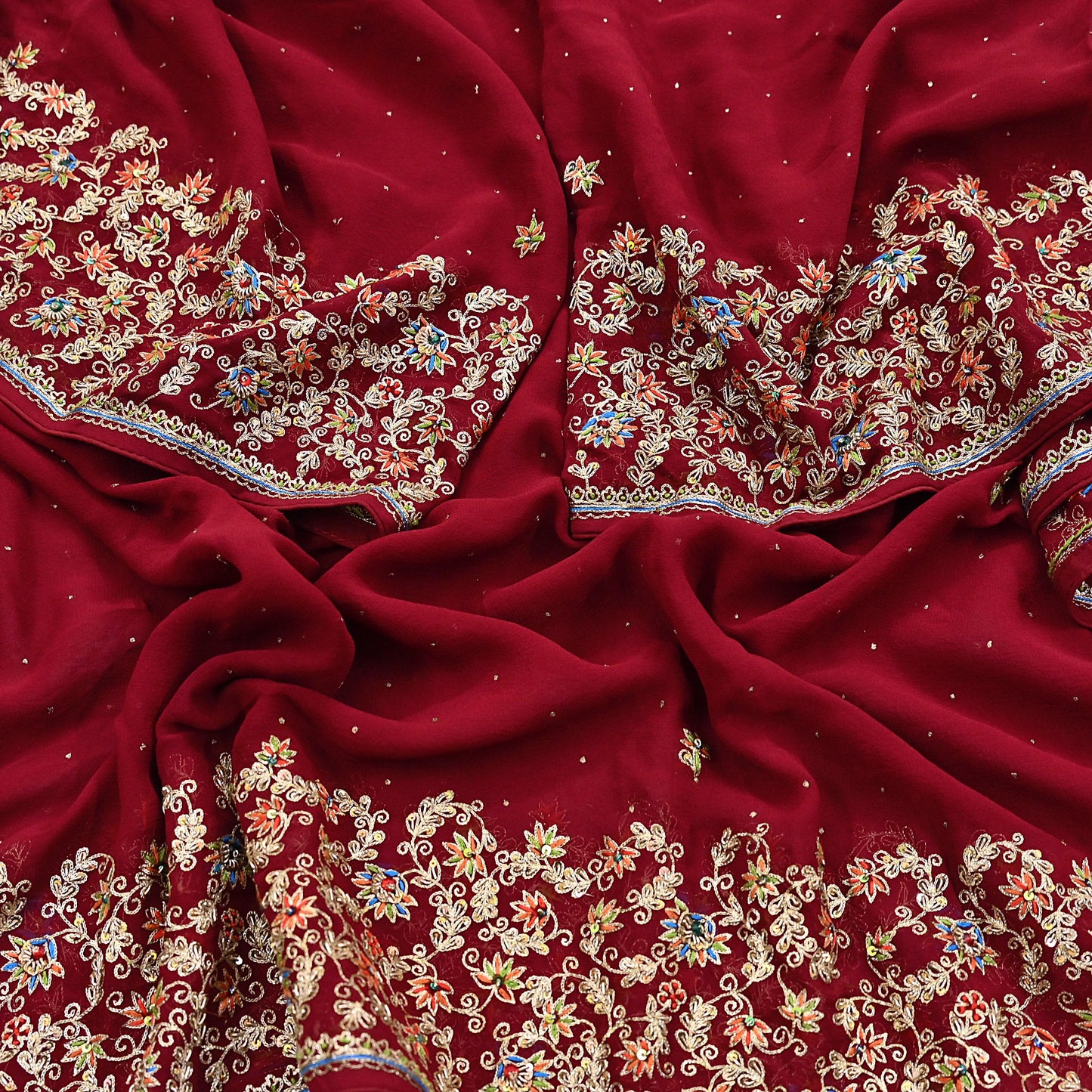 Indian Vintage Heavy Dark Red Dupatta Pure Georgette Silk Long Stole Hand Embroidered Designer By Ritu Kumar Scarves Scarf Zari Zardozi