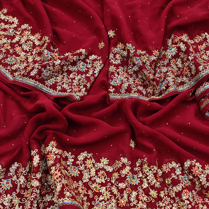 Indian Vintage Heavy Dark Red Dupatta Pure Georgette Silk Long Stole Hand Embroidered Designer By Ritu Kumar Scarves Scarf Zari Zardozi