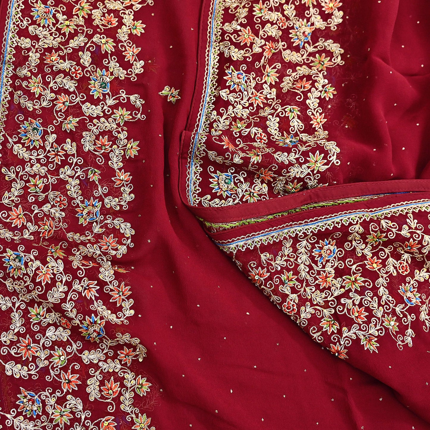 Indian Vintage Heavy Dark Red Dupatta Pure Georgette Silk Long Stole Hand Embroidered Designer By Ritu Kumar Scarves Scarf Zari Zardozi