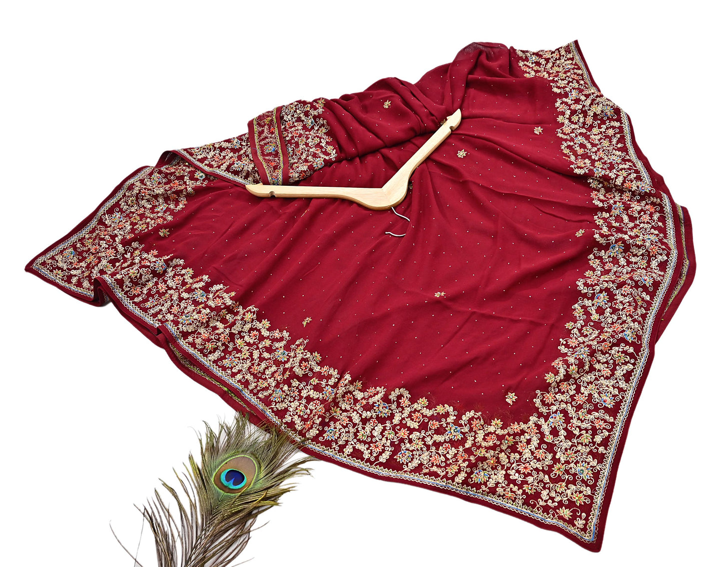 Indian Vintage Heavy Dark Red Dupatta Pure Georgette Silk Long Stole Hand Embroidered Designer By Ritu Kumar Scarves Scarf Zari Zardozi