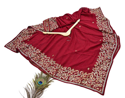 Indian Vintage Heavy Dark Red Dupatta Pure Georgette Silk Long Stole Hand Embroidered Designer By Ritu Kumar Scarves Scarf Zari Zardozi