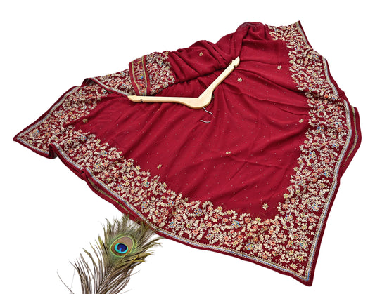 Indian Vintage Heavy Dark Red Dupatta Pure Georgette Silk Long Stole Hand Embroidered Designer By Ritu Kumar Scarves Scarf Zari Zardozi