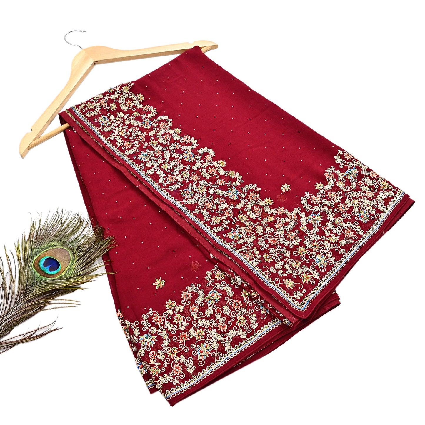 Indian Vintage Heavy Dark Red Dupatta Pure Georgette Silk Long Stole Hand Embroidered Designer By Ritu Kumar Scarves Scarf Zari Zardozi
