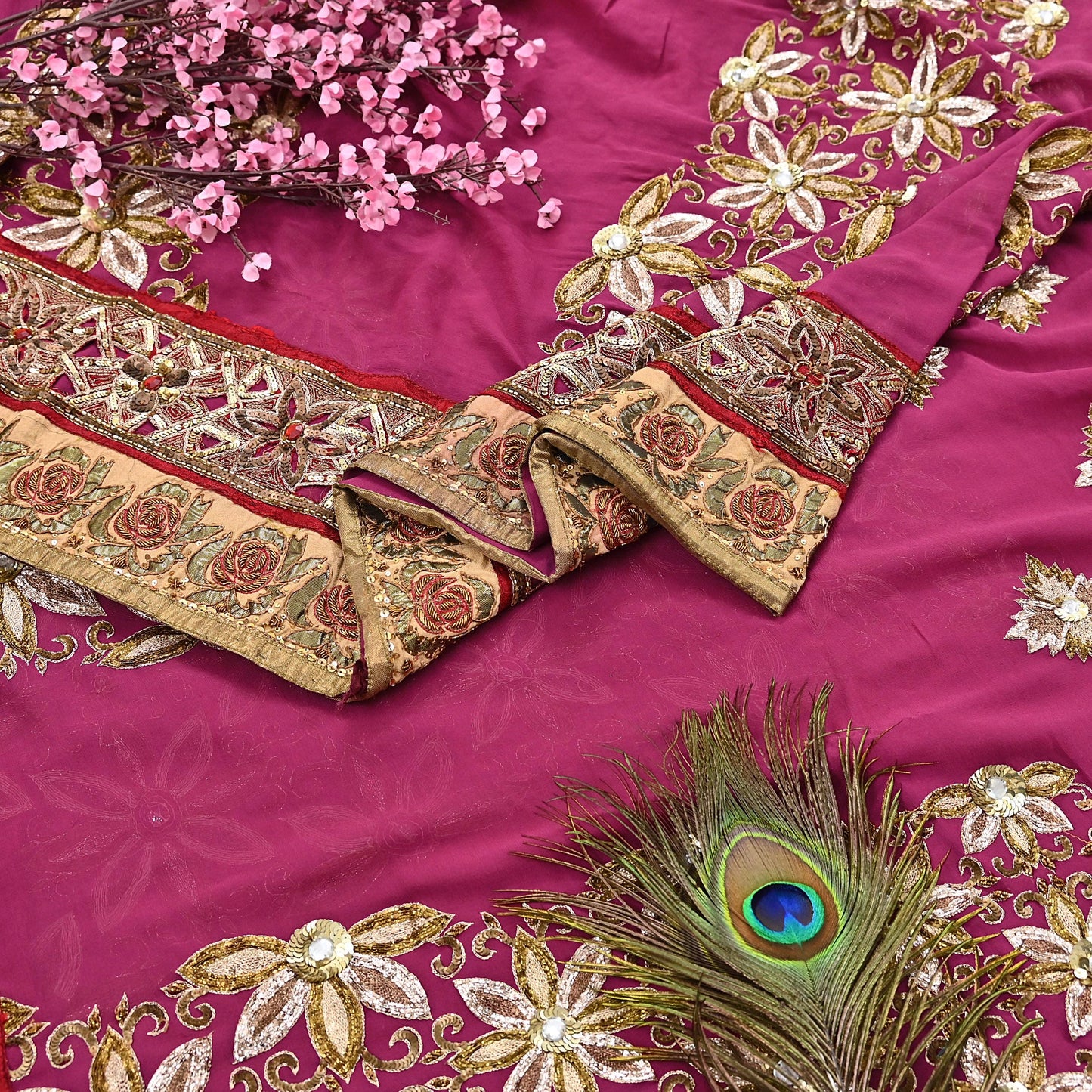 Indian Pre-owned Sari Pink Pure Georgette Silk Hand Embroidered Anamika Khanna Designer Sarees Ethnic 6Yd Sewing  Wedding Sarees