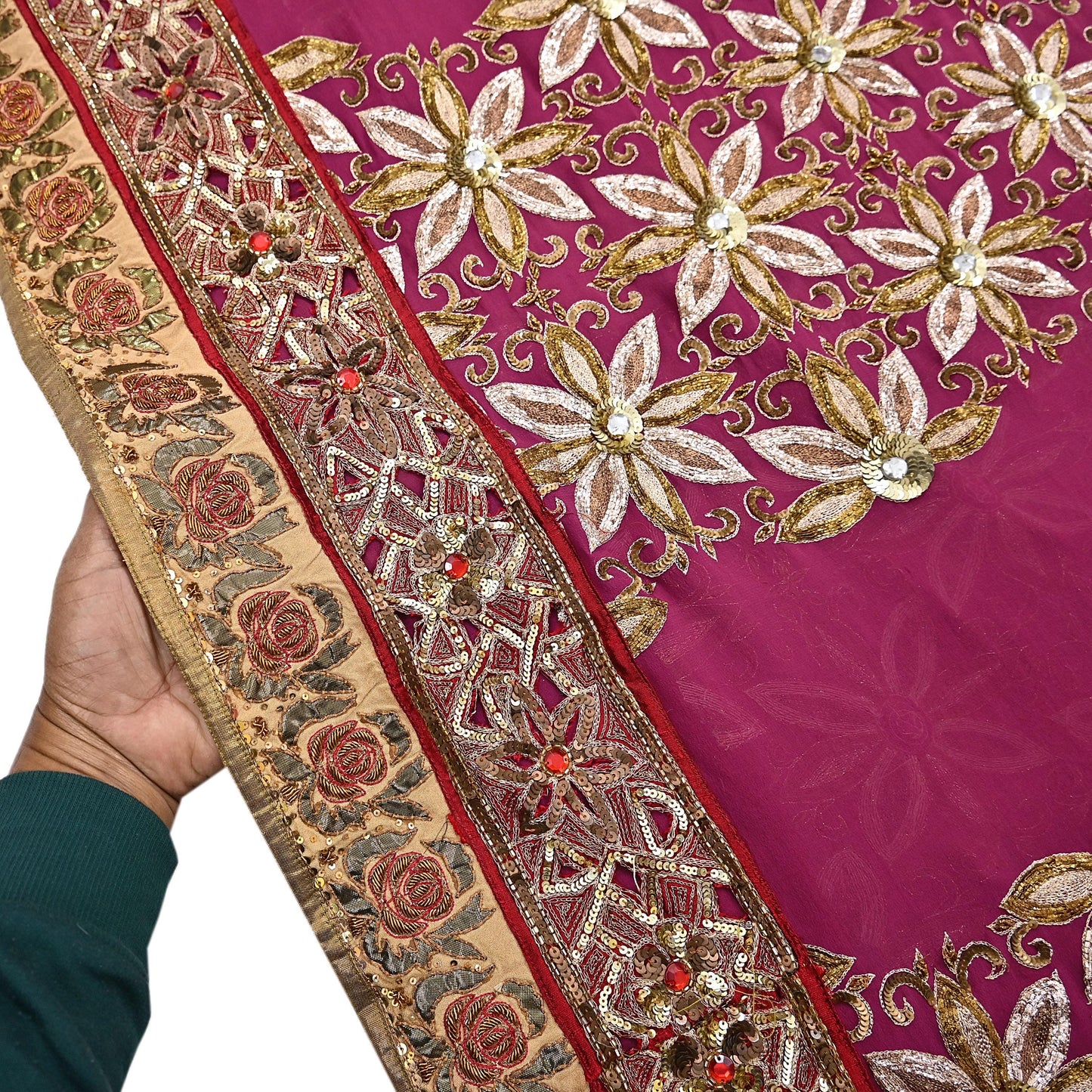 Indian Pre-owned Sari Pink Pure Georgette Silk Hand Embroidered Anamika Khanna Designer Sarees Ethnic 6Yd Sewing  Wedding Sarees