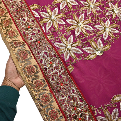 Indian Pre-owned Sari Pink Pure Georgette Silk Hand Embroidered Anamika Khanna Designer Sarees Ethnic 6Yd Sewing  Wedding Sarees