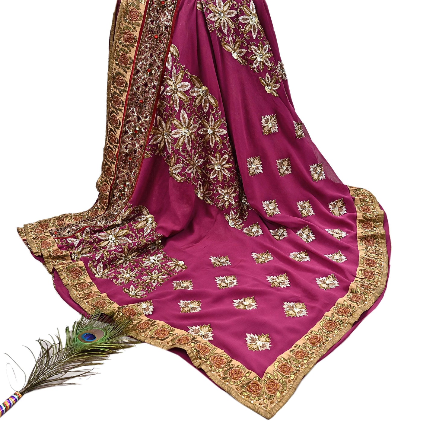 Indian Pre-owned Sari Pink Pure Georgette Silk Hand Embroidered Anamika Khanna Designer Sarees Ethnic 6Yd Sewing  Wedding Sarees