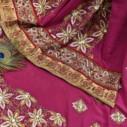 Indian Pre-owned Sari Pink Pure Georgette Silk Hand Embroidered Anamika Khanna Designer Sarees Ethnic 6Yd Sewing  Wedding Sarees