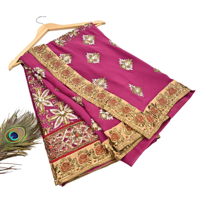 Indian Pre-owned Sari Pink Pure Georgette Silk Hand Embroidered Anamika Khanna Designer Sarees Ethnic 6Yd Sewing  Wedding Sarees