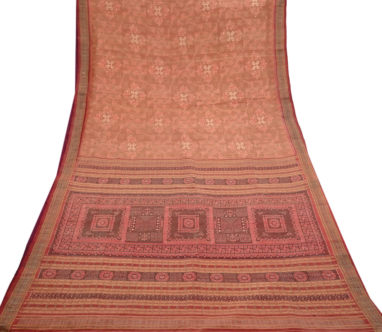 Indian Vintage Maroon Single Ikat Sambalpuri Patola Saree  100% Pure Silk Handwoven 5 Yards Zari Border Craft Fabric