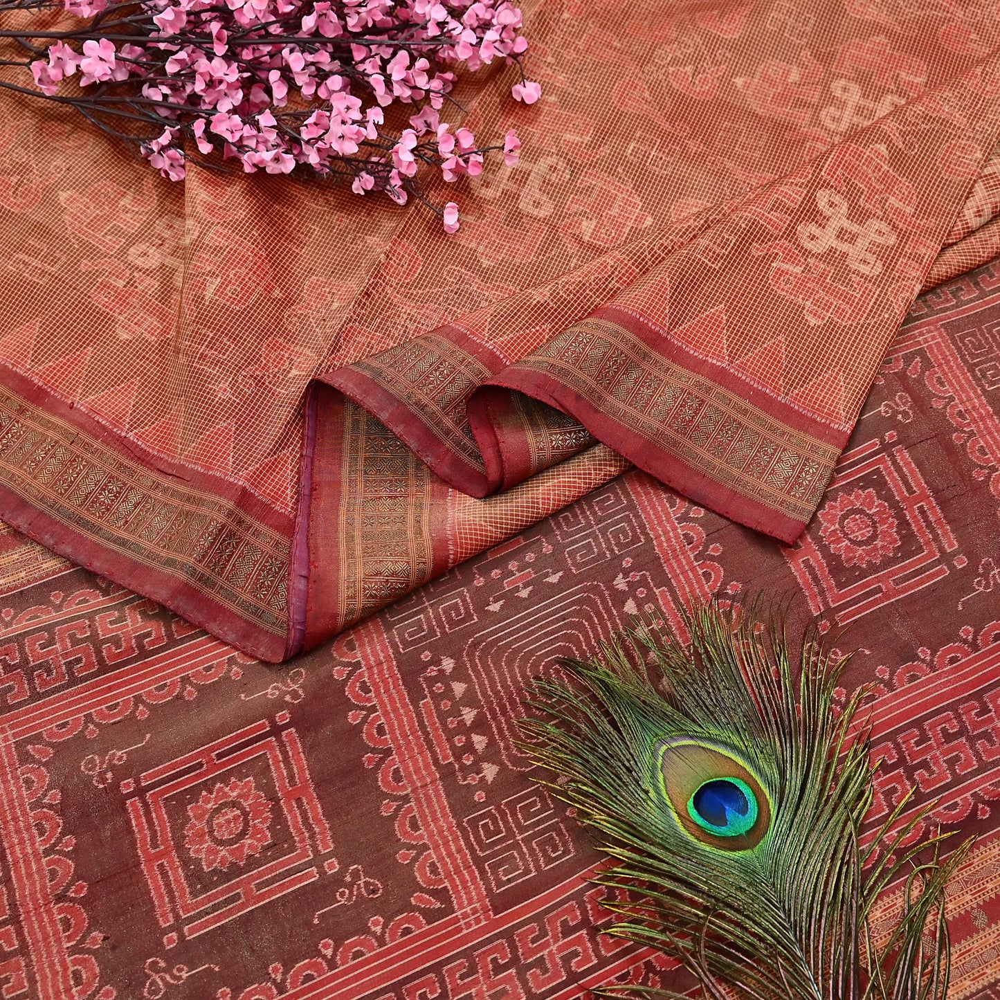 Indian Vintage Maroon Single Ikat Sambalpuri Patola Saree  100% Pure Silk Handwoven 5 Yards Zari Border Craft Fabric