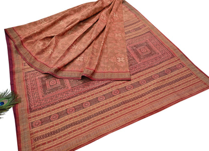 Indian Vintage Maroon Single Ikat Sambalpuri Patola Saree  100% Pure Silk Handwoven 5 Yards Zari Border Craft Fabric