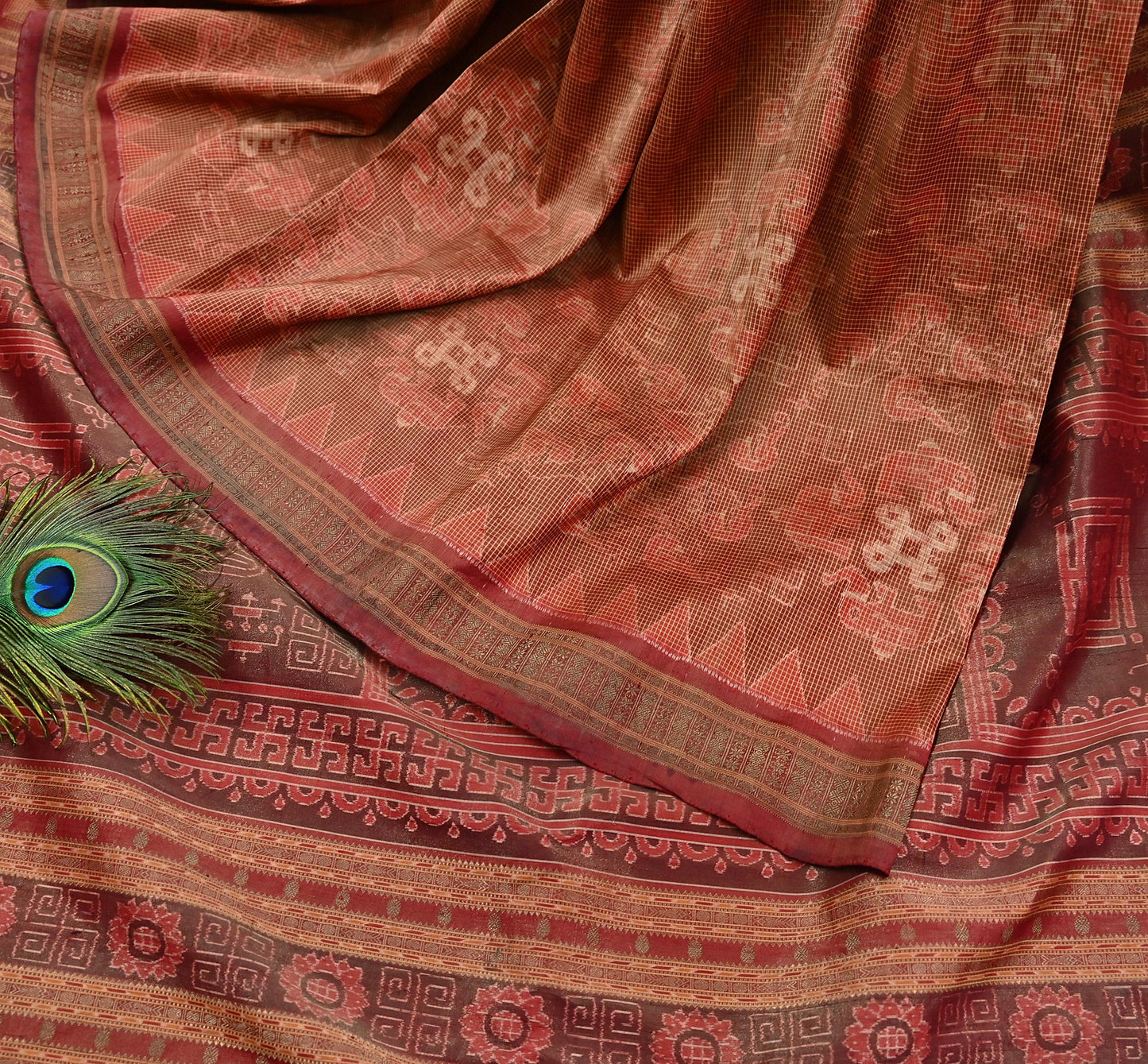 Indian Vintage Maroon Single Ikat Sambalpuri Patola Saree  100% Pure Silk Handwoven 5 Yards Zari Border Craft Fabric