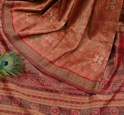Indian Vintage Maroon Single Ikat Sambalpuri Patola Saree  100% Pure Silk Handwoven 5 Yards Zari Border Craft Fabric
