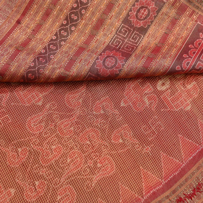 Indian Vintage Maroon Single Ikat Sambalpuri Patola Saree  100% Pure Silk Handwoven 5 Yards Zari Border Craft Fabric