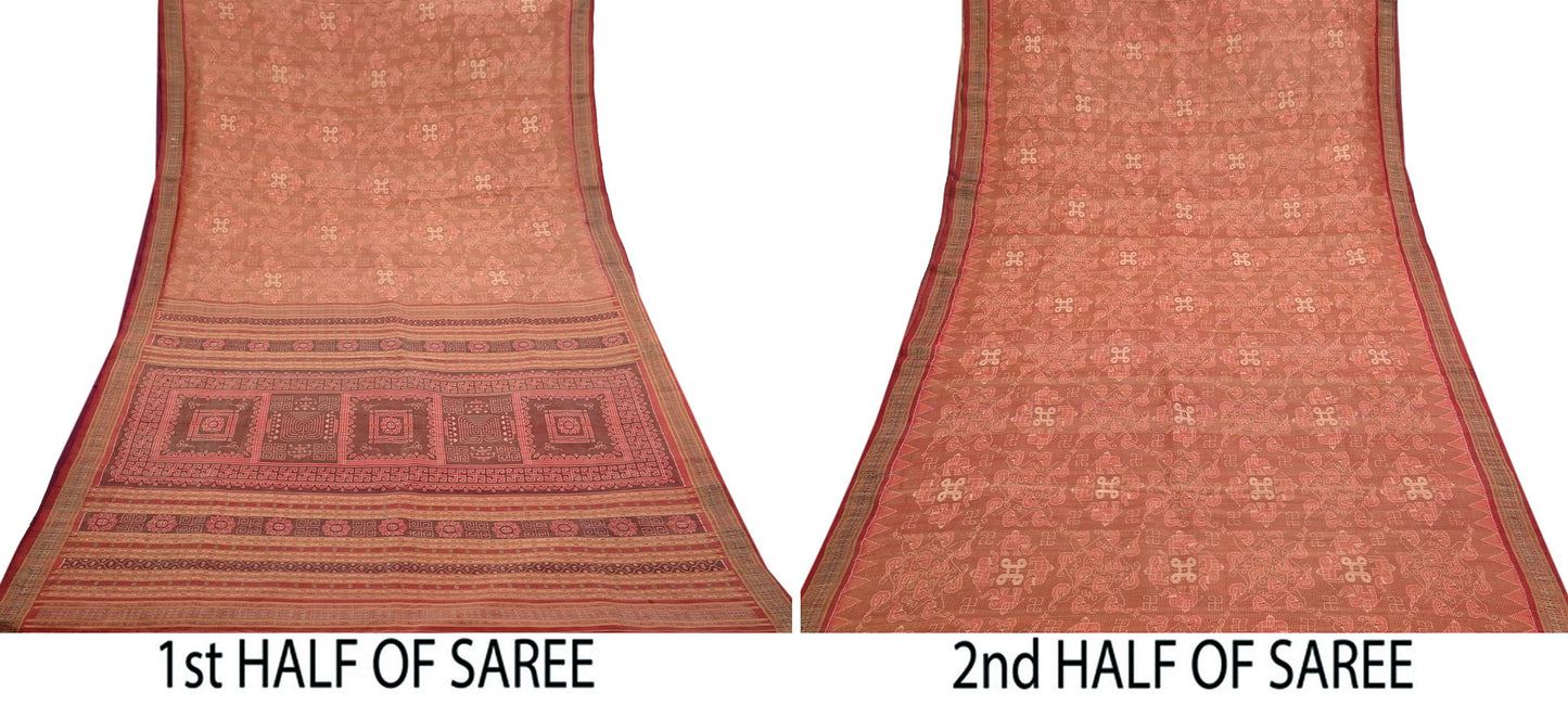 Indian Vintage Maroon Single Ikat Sambalpuri Patola Saree  100% Pure Silk Handwoven 5 Yards Zari Border Craft Fabric