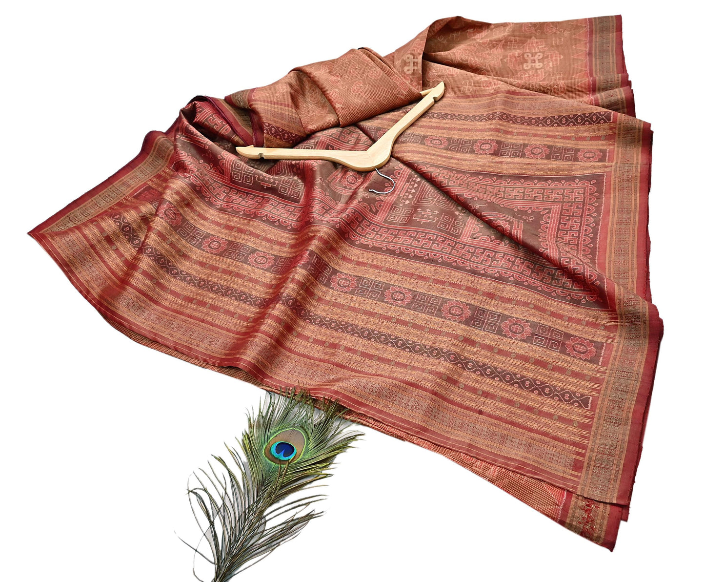 Indian Vintage Maroon Single Ikat Sambalpuri Patola Saree  100% Pure Silk Handwoven 5 Yards Zari Border Craft Fabric