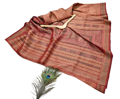 Indian Vintage Maroon Single Ikat Sambalpuri Patola Saree  100% Pure Silk Handwoven 5 Yards Zari Border Craft Fabric