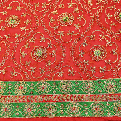 Antique Vintage Red Georgette Saree Hand Beaded Heavy Zari Ethnic Wedding Sari 5Yd Craft Fabric Dress Making Sewing