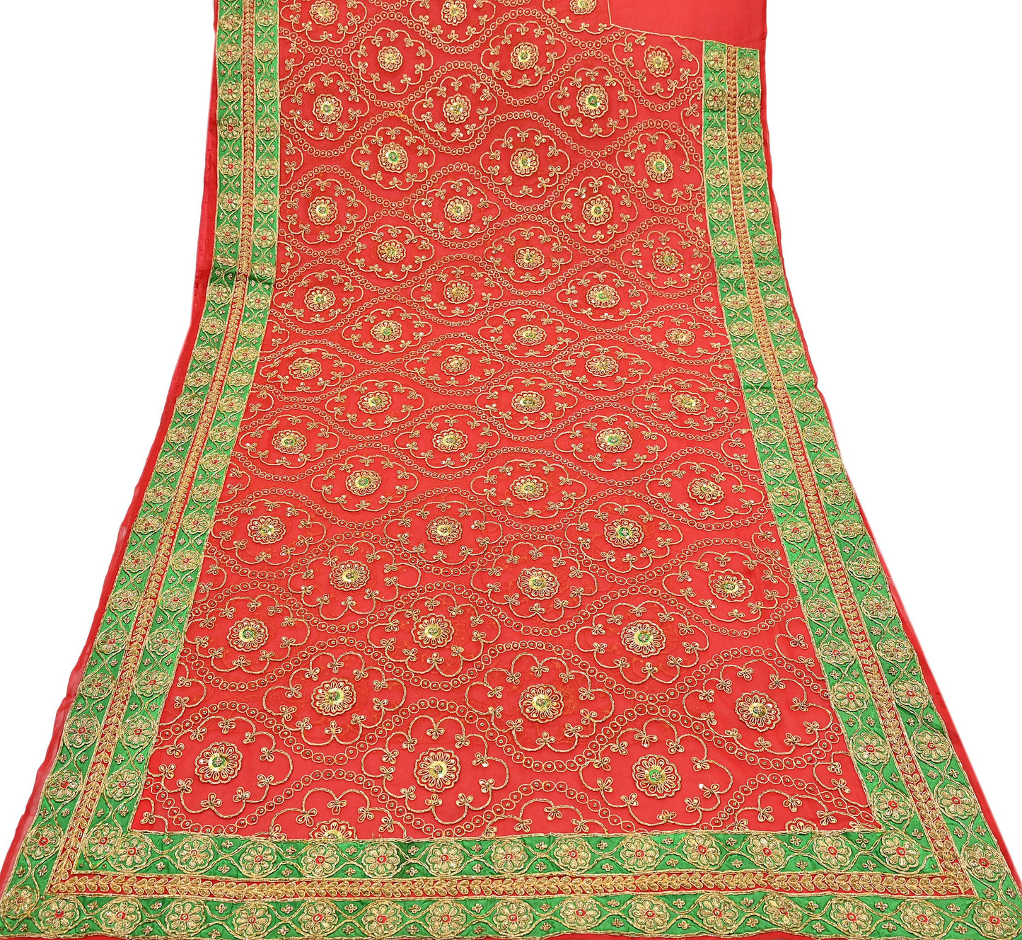 Antique Vintage Red Georgette Saree Hand Beaded Heavy Zari Ethnic Wedding Sari 5Yd Craft Fabric Dress Making Sewing