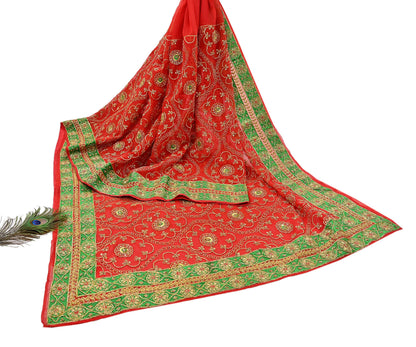 Antique Vintage Red Georgette Saree Hand Beaded Heavy Zari Ethnic Wedding Sari 5Yd Craft Fabric Dress Making Sewing