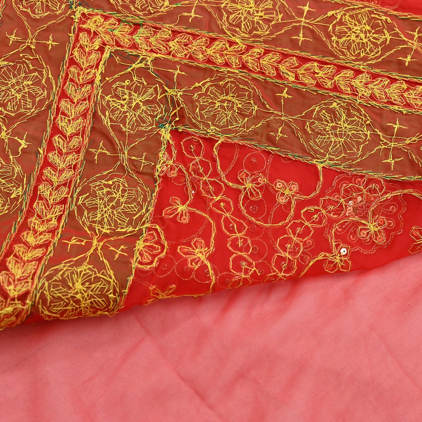 Antique Vintage Red Georgette Saree Hand Beaded Heavy Zari Ethnic Wedding Sari 5Yd Craft Fabric Dress Making Sewing