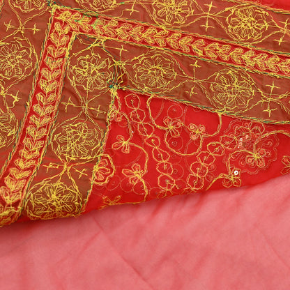 Antique Vintage Red Georgette Saree Hand Beaded Heavy Zari Ethnic Wedding Sari 5Yd Craft Fabric Dress Making Sewing