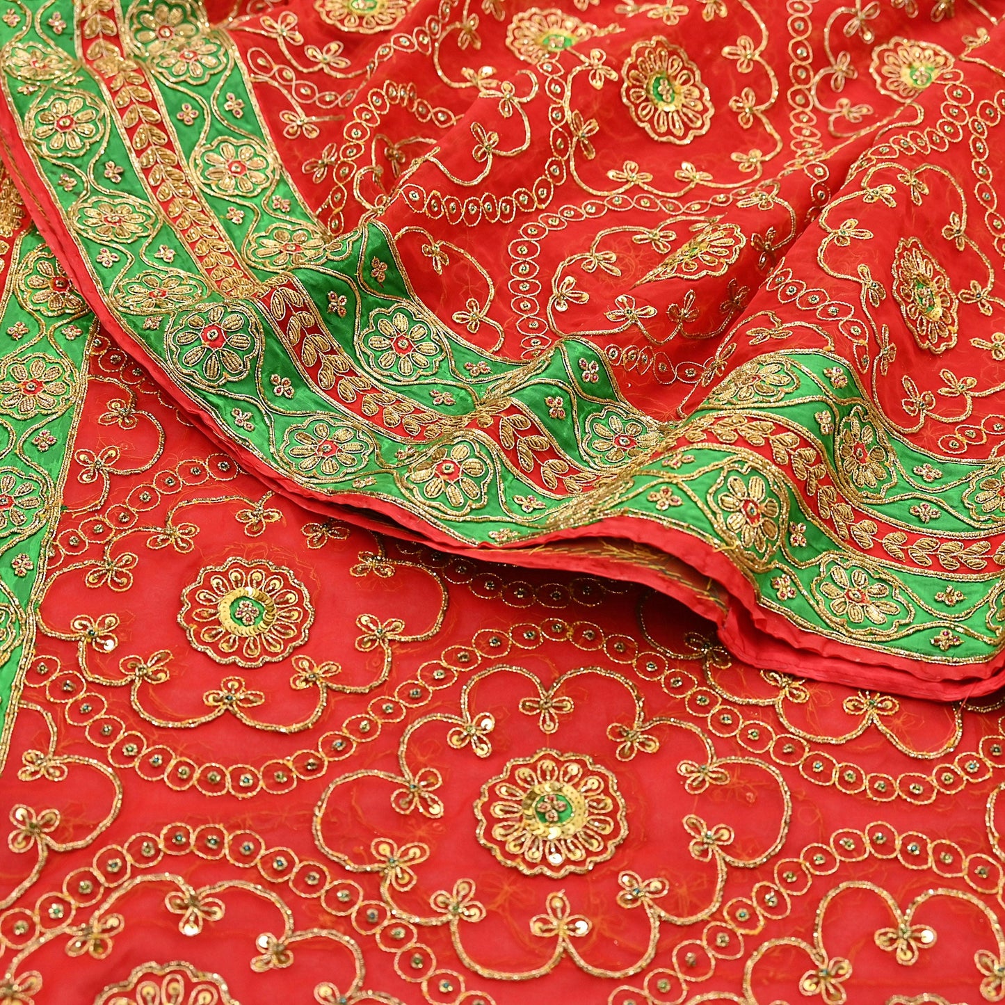 Antique Vintage Red Georgette Saree Hand Beaded Heavy Zari Ethnic Wedding Sari 5Yd Craft Fabric Dress Making Sewing