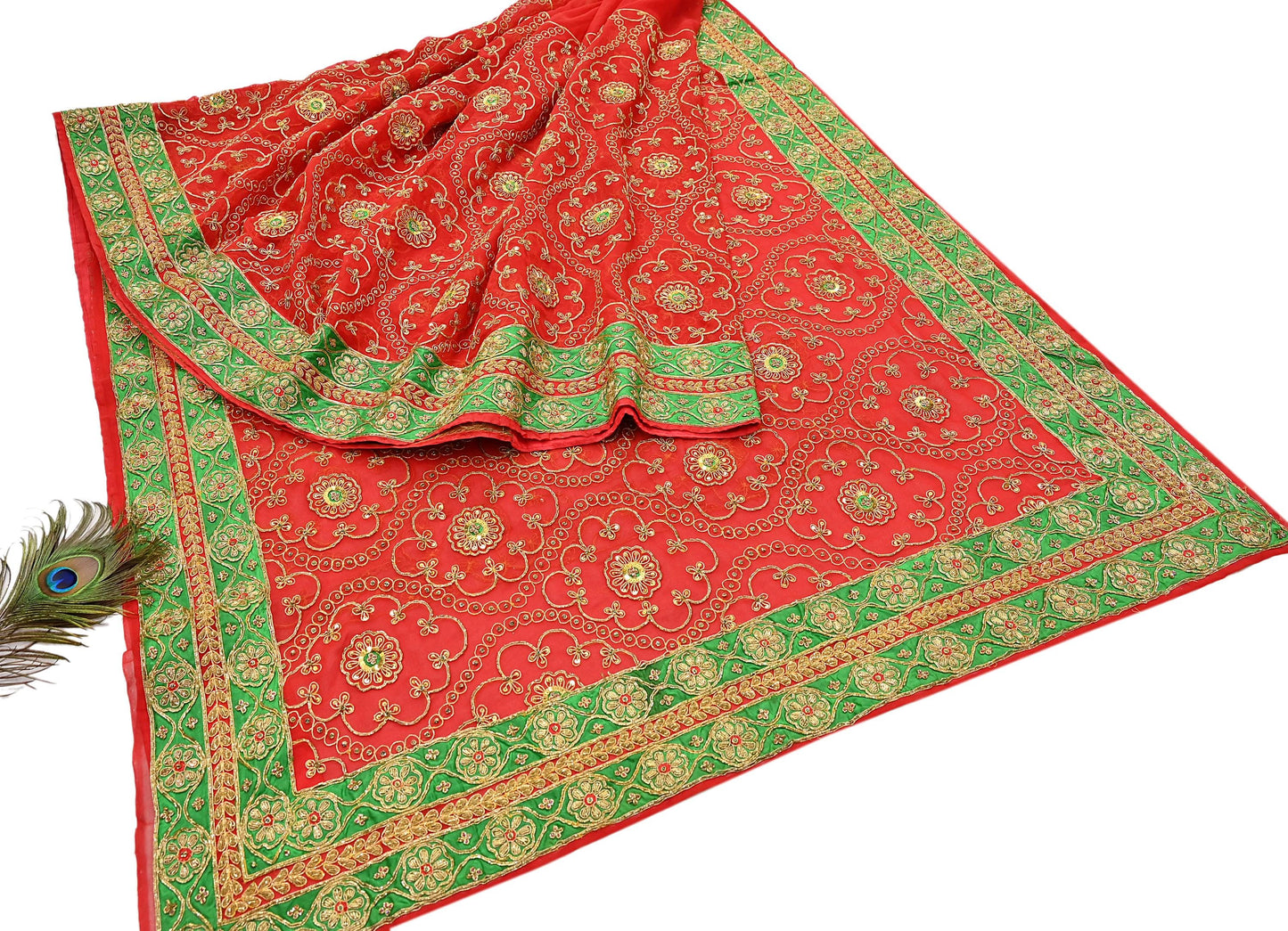 Antique Vintage Red Georgette Saree Hand Beaded Heavy Zari Ethnic Wedding Sari 5Yd Craft Fabric Dress Making Sewing